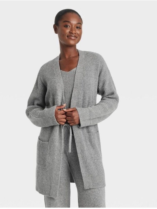 Auden Women’s Gray Open-Front Robe Cardigan + Wide-Leg Pant Set Size M/L - Picture 2 of 12